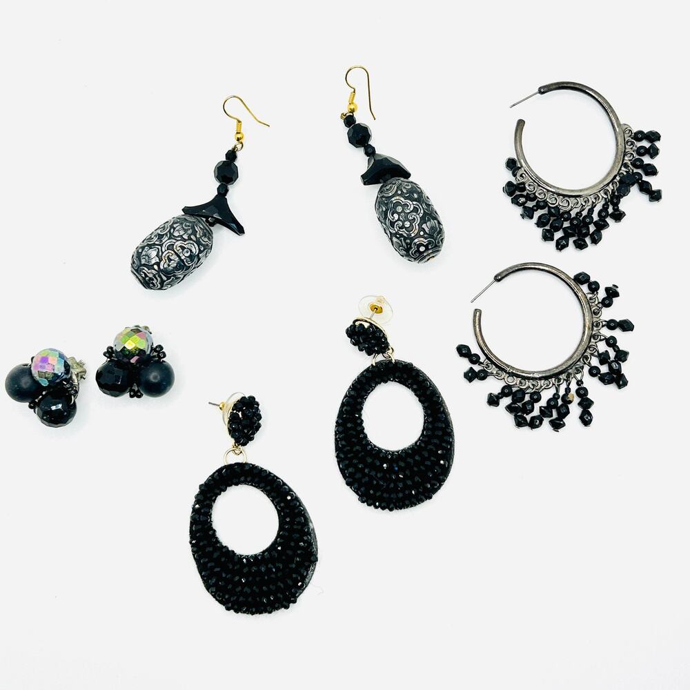Lot of 4 Glam Black Beaded Statement Earrings